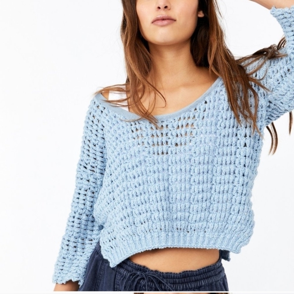 Free People Light Blue Open-Knit Cropped Sweater